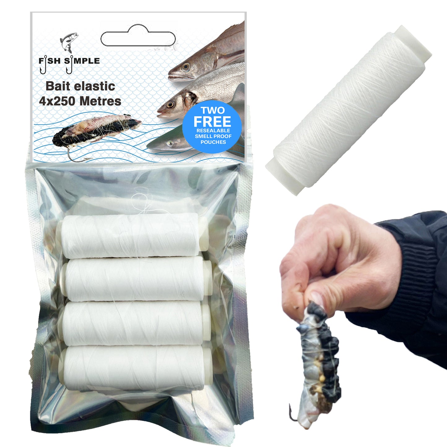 4pk of 250g Match Angler Bait Whipping Elastic, WITH 2 free smell proof Mylar bags